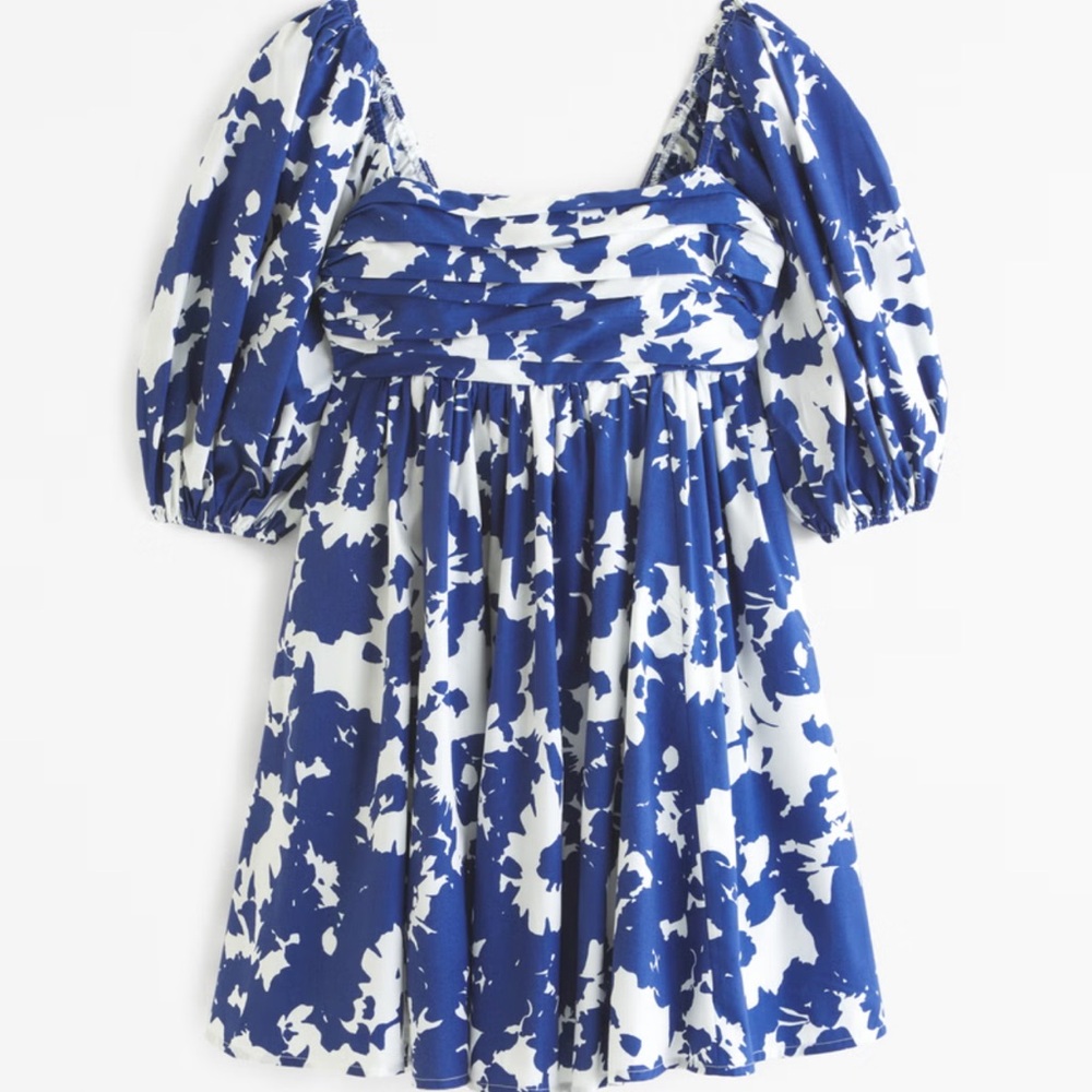 Abercrombie and Fitch Emerson Poplin Puff Sleeve Mini Dress - Blue Pattern